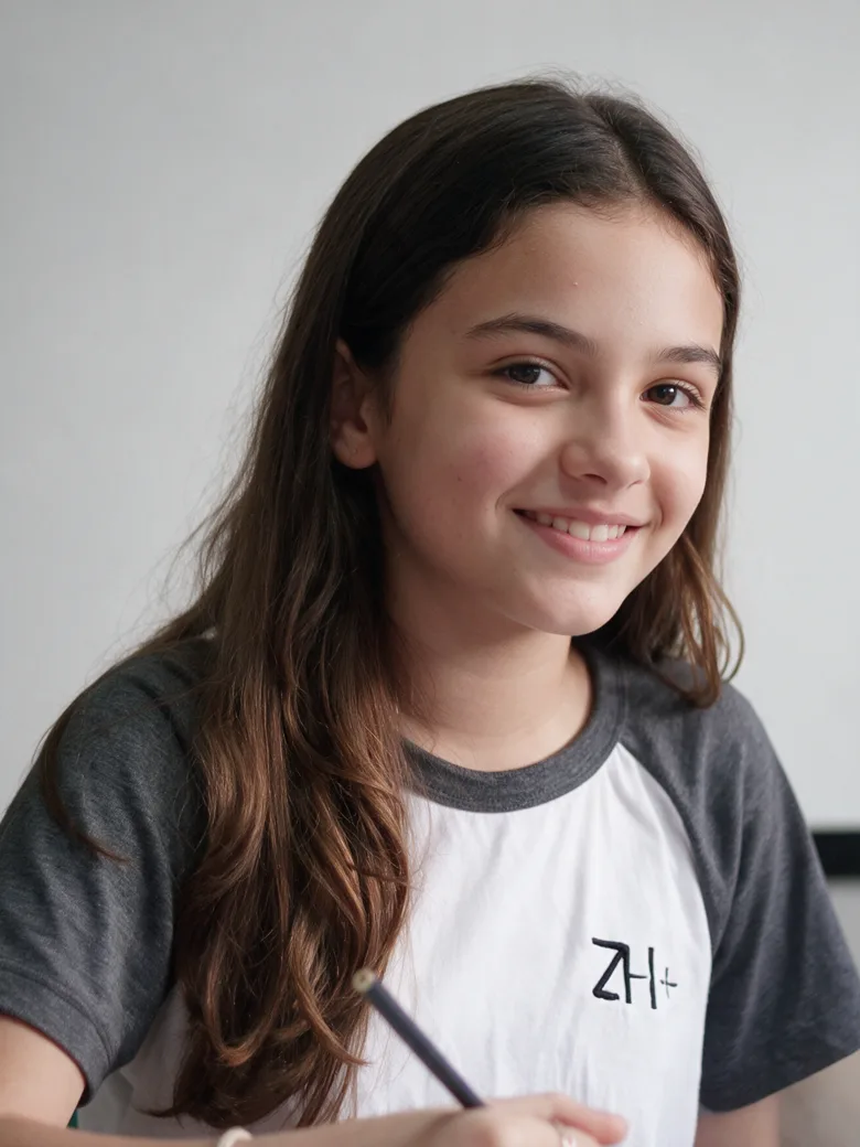 Estudante do Colégio ZH+ sorrindo durante a aula, com o uniforme da escola